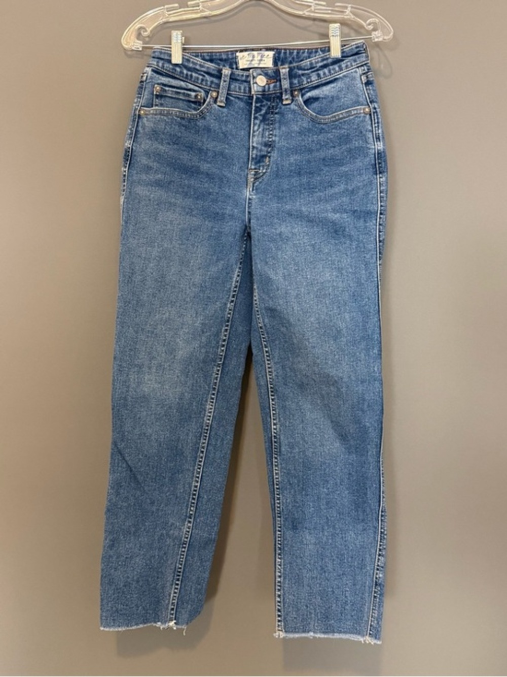 We The Free People Curvy Straight Leg Ankle Jeans Blue High Rise Raw Hem 27